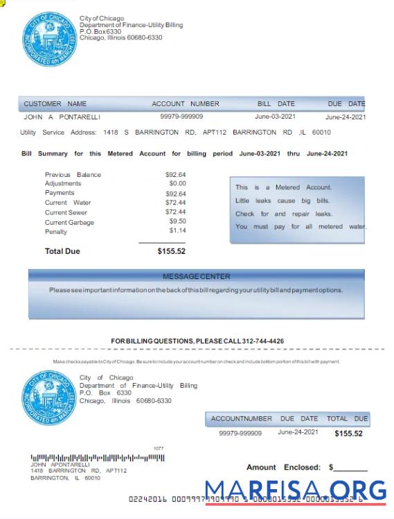 Редактируемый США CITY OF CHICAGO Счёт за коммунальные услуги Счёт Word and PDF Шаблон
