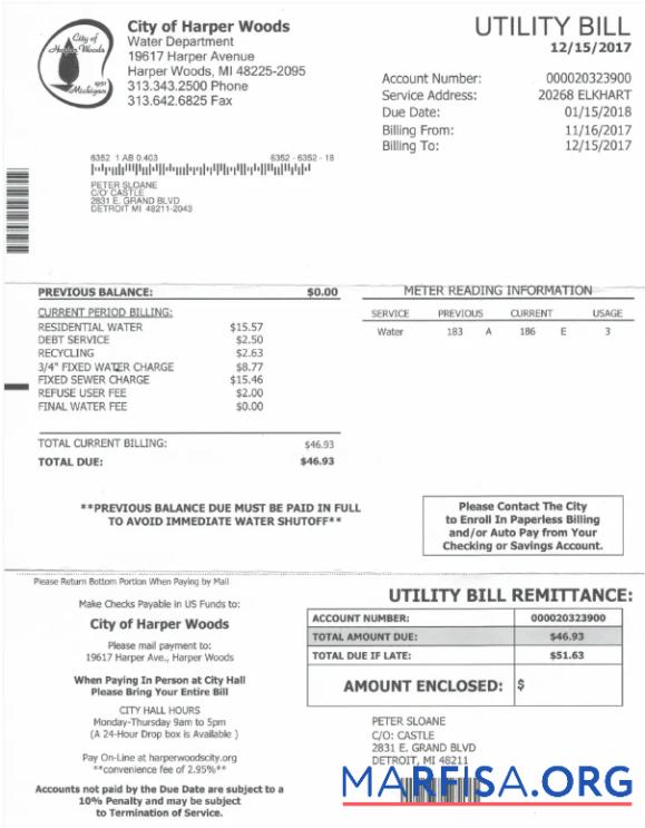 Реалистичный США CITY OF HARPER WOODS Счёт за коммунальные услуги Счёт Word and PDF Шаблон