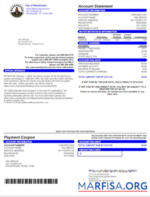Реалистичный США CITY OF WAXAHACHIE Счёт за коммунальные услуги Счёт Word and PDF Шаблон