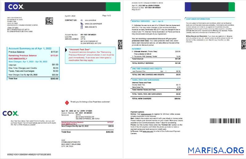 Премиум США COX digital cable television Счёт за коммунальные услуги Счёт, Word and PDF Шаблон, 2 pages