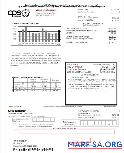 Редактируемый США CPS ENERGY Счёт за коммунальные услуги Счёт Word and PDF Шаблон