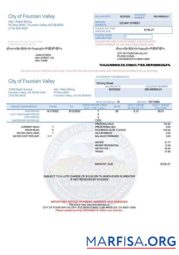 Реалистичный США California City of Fountain Valley Счёт за коммунальные услуги Счёт Шаблон in Word and PDF Формат