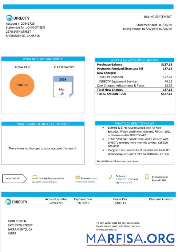 Высокое Качество США California Directv Счёт за коммунальные услуги Счёт Шаблон in Word and PDF Формат, good for address prove