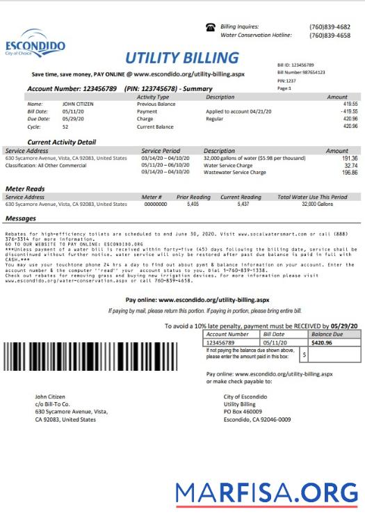 Редактируемый США California Escondido City of Choice Счёт за коммунальные услуги Счёт Шаблон in Word and PDF Формат