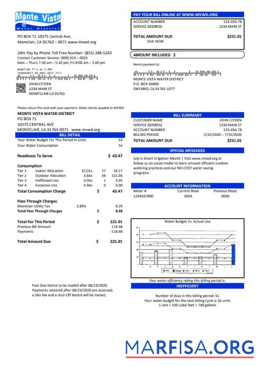 Реалистичный США California Monte Vista Вода District Счёт за коммунальные услуги Счёт Шаблон in Word and PDF Формат