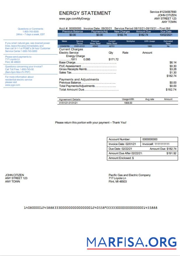 Реалистичный США California PG&E (Pacific Газ and Electric Компания) Счёт за коммунальные услуги Счёт Шаблон in Word and PDF Формат, Версия 2