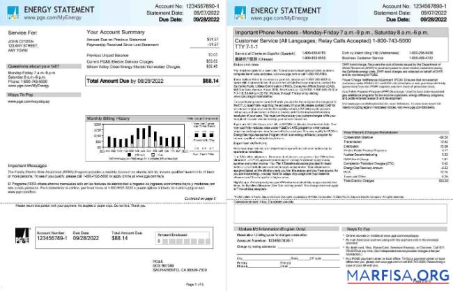 Высокое Качество США California PG&E (Pacific Газ and Electric Компания) Счёт за коммунальные услуги Счёт, Word and PDF Шаблон, 6 pages 1 2
