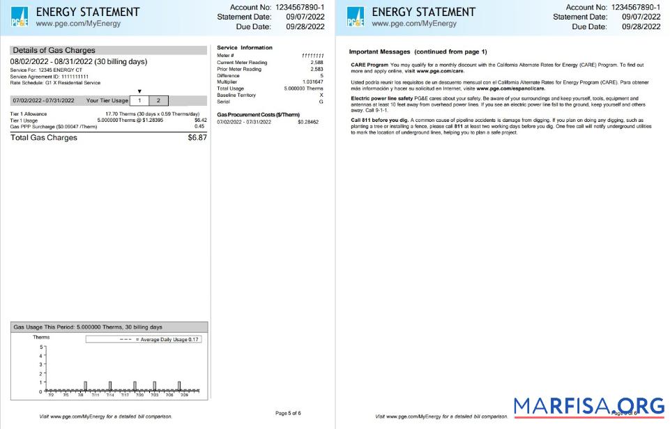 Реалистичный США California PG&E (Pacific Газ and Electric Компания) Счёт за коммунальные услуги Счёт, Word and PDF Шаблон, 6 pages 5 6