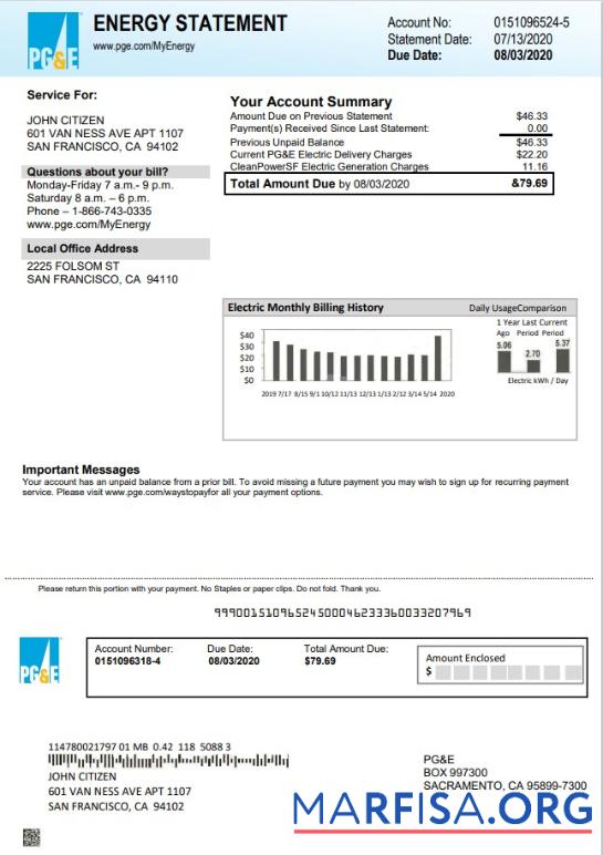 Премиум США California PG&E Электричество Счёт за коммунальные услуги Счёт Шаблон in Word and PDF Формат
