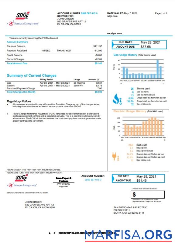 Реалистичный США California San Diego Газ & Electric (SDG&E) Счёт за коммунальные услуги Счёт Шаблон in Word and PDF Формат