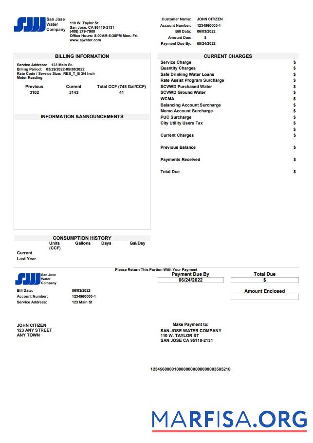 Премиум США California San Jose Вода Счёт за коммунальные услуги Счёт Шаблон in Word and PDF Формат