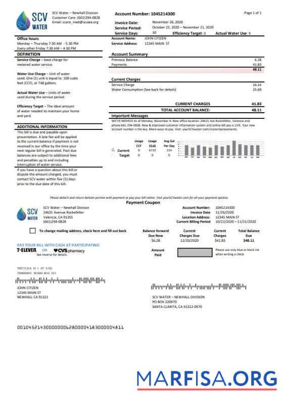Премиум США California Santa Clarita SCV Вода Счёт за коммунальные услуги Счёт Шаблон in Word and PDF Формат