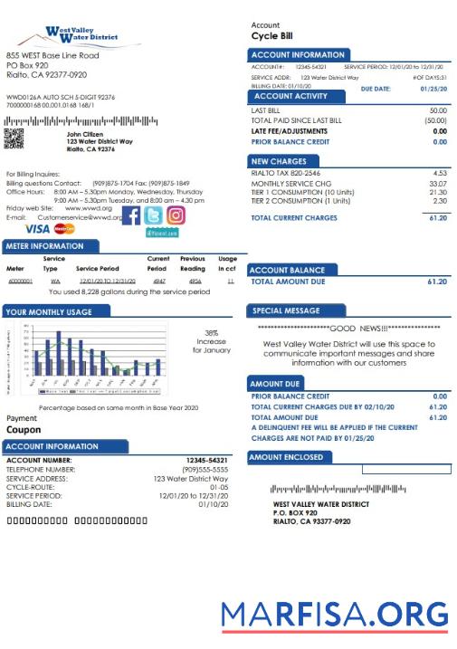 Реалистичный США California West Valley Вода District Счёт за коммунальные услуги Счёт Шаблон in Word and PDF Формат