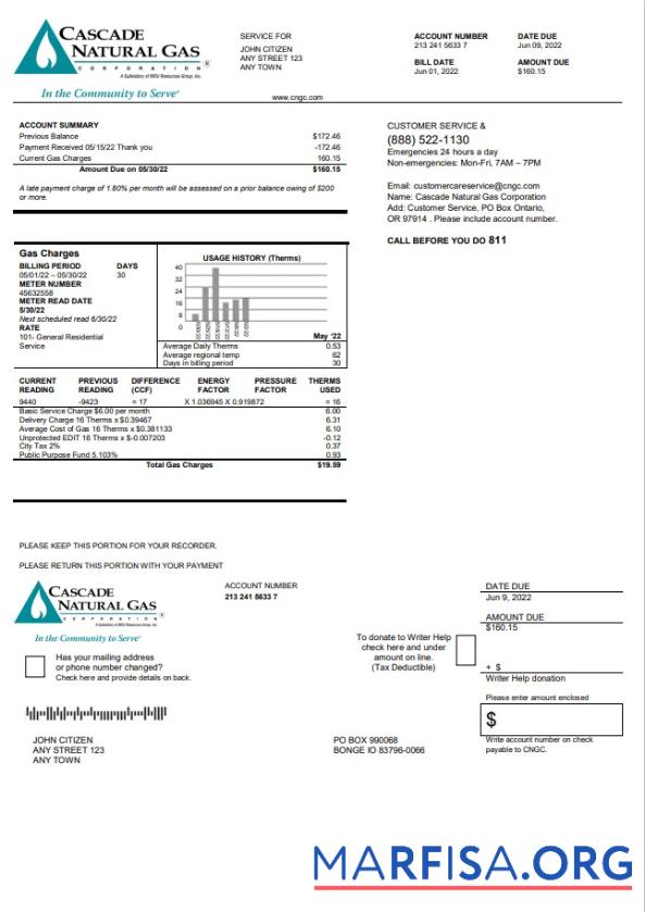 Премиум США Cascade Natural Газ Счёт за коммунальные услуги Счёт, Word and PDF Шаблон