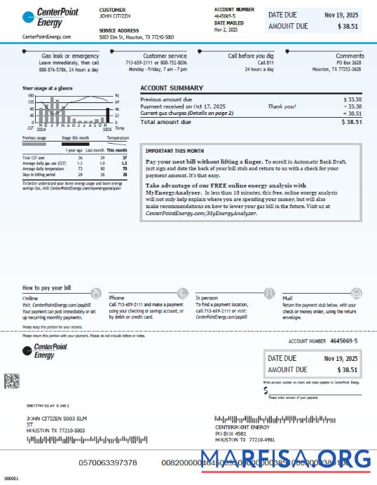Реалистичный США Center Point Energy Счёт за коммунальные услуги Счёт Шаблон in Word and PDF Форматы