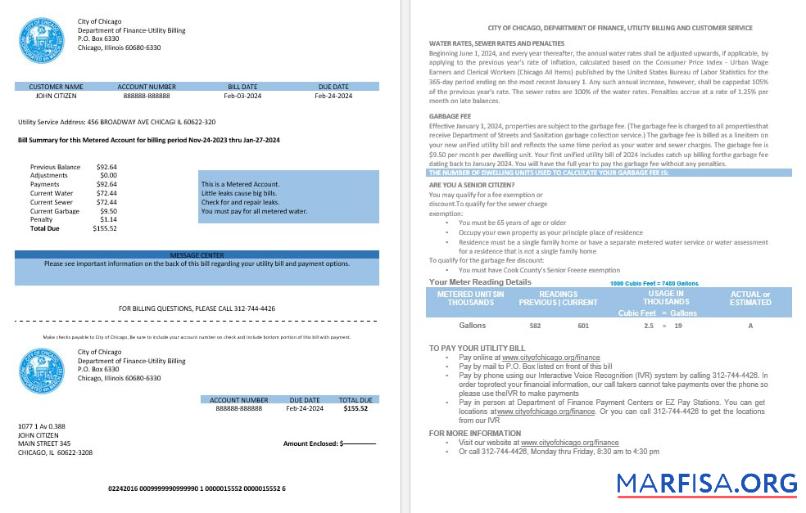 США City of Chicago department of Финансы Счёт за коммунальные услуги Счёт Выписка из банка in Word and PDF Форматы макет