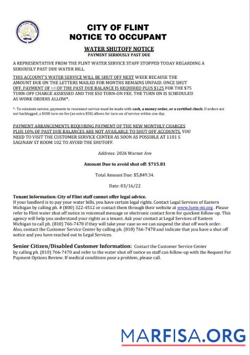 Редактируемый США City of Flint Michigan Notice to occupant Вода Счёт за коммунальные услуги Счёт shutoff notice, Word and PDF Шаблон