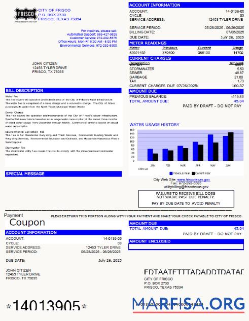 Реалистичный США City of Frisco Счёт за коммунальные услуги Счёт Шаблон in Word and PDF Форматы