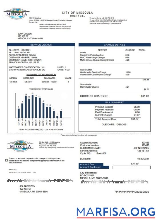 Профессиональный США City of Missoula Счёт за коммунальные услуги Счёт Шаблон in Word and PDF Формат