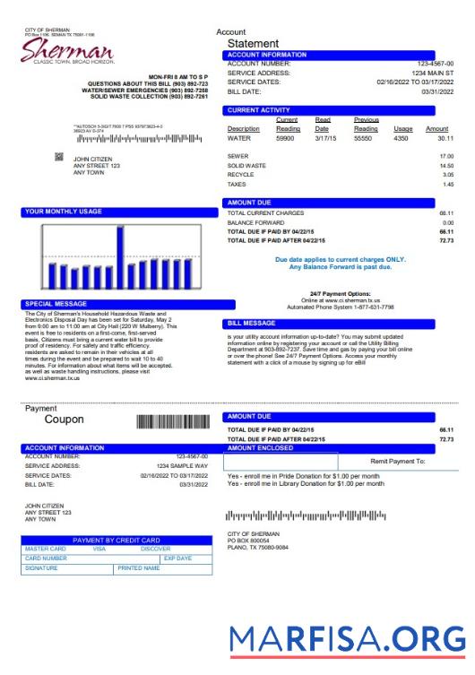 Высокое Качество США City of Sherman Счёт за коммунальные услуги Счёт Шаблон in Word and PDF Формат