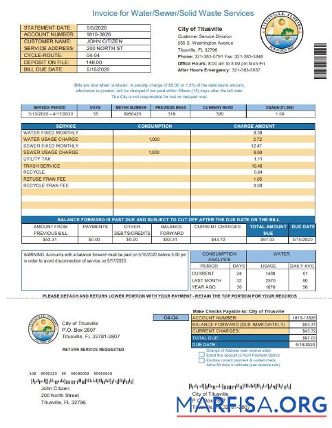 Высокое Качество США City of Titusville Florida Счёт за коммунальные услуги Счёт Шаблон in Word and PDF Формат (.doc and .PDF)