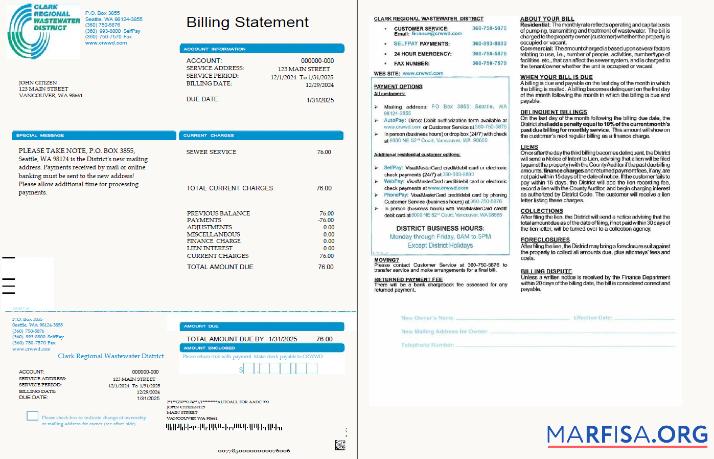 Реалистичный США Clark Regional Wastewater District Счёт за коммунальные услуги Счёт Шаблон in Word and PDF Форматы, 2 pages