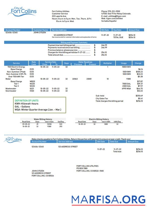 Высокое Качество США Colorado Fort Collins Utilities Счёт за коммунальные услуги Счёт Шаблон in Word and PDF Формат