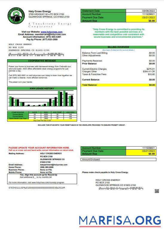 Высокое Качество США Colorado Holy Cross Energy Счёт за коммунальные услуги Счёт Шаблон in Word and PDF Формат
