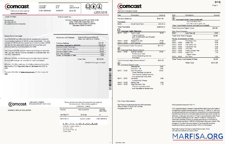 Редактируемый США Comcast Счёт за коммунальные услуги Счёт Шаблон in Word and PDF Форматы, 2 pages, Версия 2