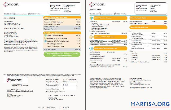 Реалистичный США Comcast Счёт за коммунальные услуги Счёт Шаблон in Word and PDF Форматы, 2 pages