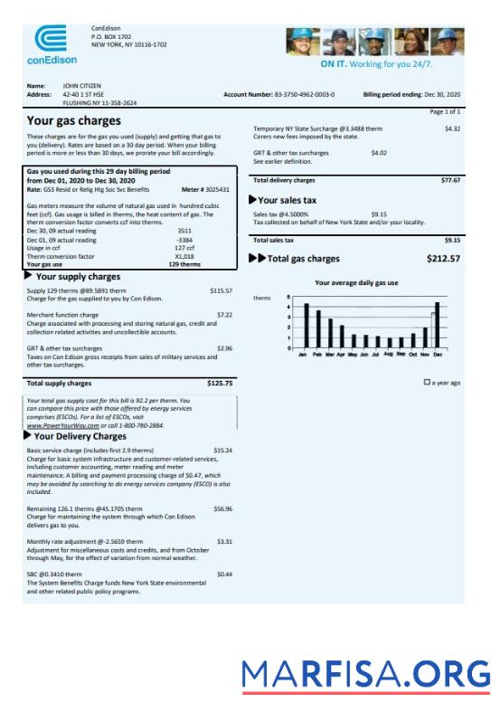 Реалистичный США Con Edison Газ Счёт за коммунальные услуги Счёт Шаблон in Word and PDF Формат