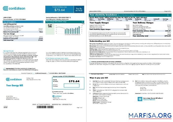 Редактируемый США Con Edison Счёт за коммунальные услуги Счёт Шаблон in Word and PDF Формат, 2 pages (2021 April ΓÇô Настоящий)