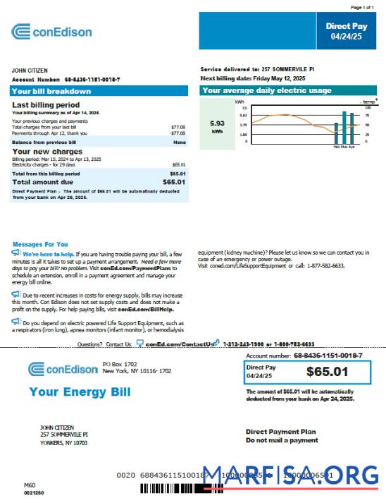 Высокое Качество США Conedison Счёт за коммунальные услуги Счёт Шаблон in Word and PDF Форматы, Версия 2