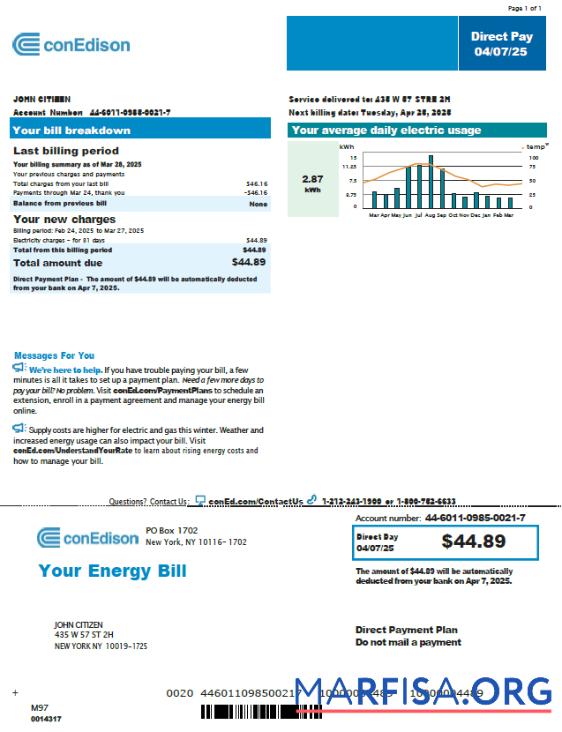 Премиум США Conedison Счёт за коммунальные услуги Счёт Шаблон in Word and PDF Форматы, Версия 4