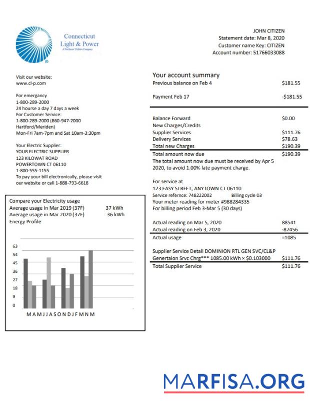 США Connecticut Light & Power Электричество Счёт за коммунальные услуги Счёт in Word and PDF Формат образец