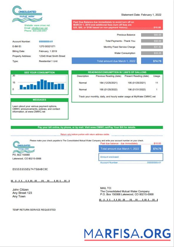 Реалистичный США Consolidated Mutual Вода Счёт за коммунальные услуги Счёт Шаблон in Word and PDF Формат