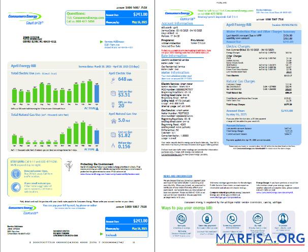 Реалистичный США Consumers Energy Счёт за коммунальные услуги Счёт Шаблон in Word and PDF Форматы, 2 pages, vesion 2