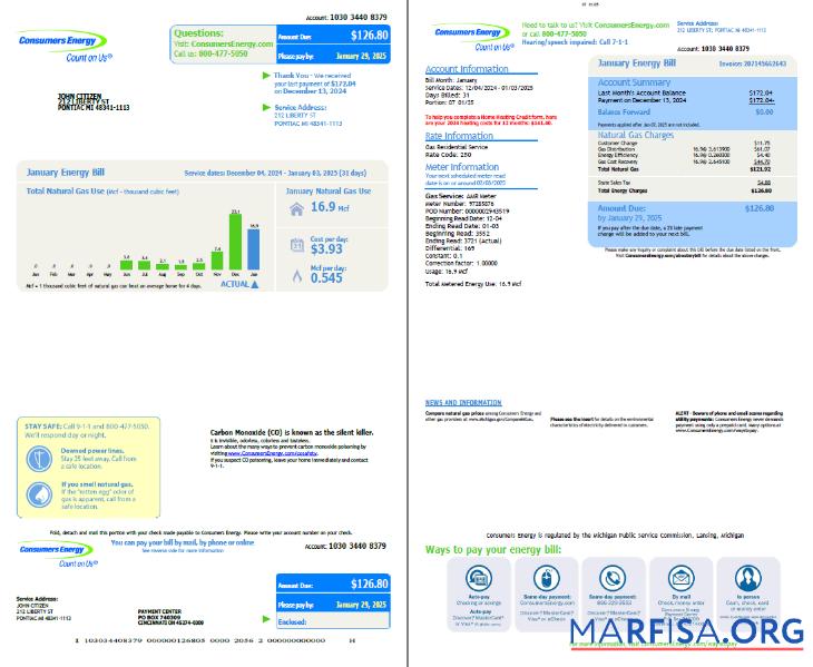 Редактируемый США Consumers Energy Счёт за коммунальные услуги Счёт Шаблон in Word and PDF Форматы, 2 pages, vesion 3
