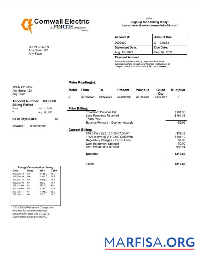 Редактируемый США Cornwall Electric Счёт за коммунальные услуги Счёт Шаблон in Word and PDF Формат