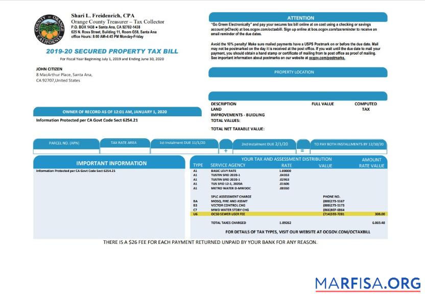 Редактируемый США County of Orange California property Налог Счёт Шаблон in Word and PDF Формат