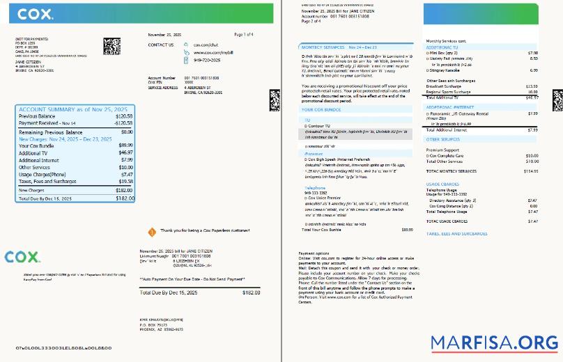 Реалистичный США Cox Счёт за коммунальные услуги Счёт Шаблон in Word and PDF Форматы, 4 pages, 1 2 pages