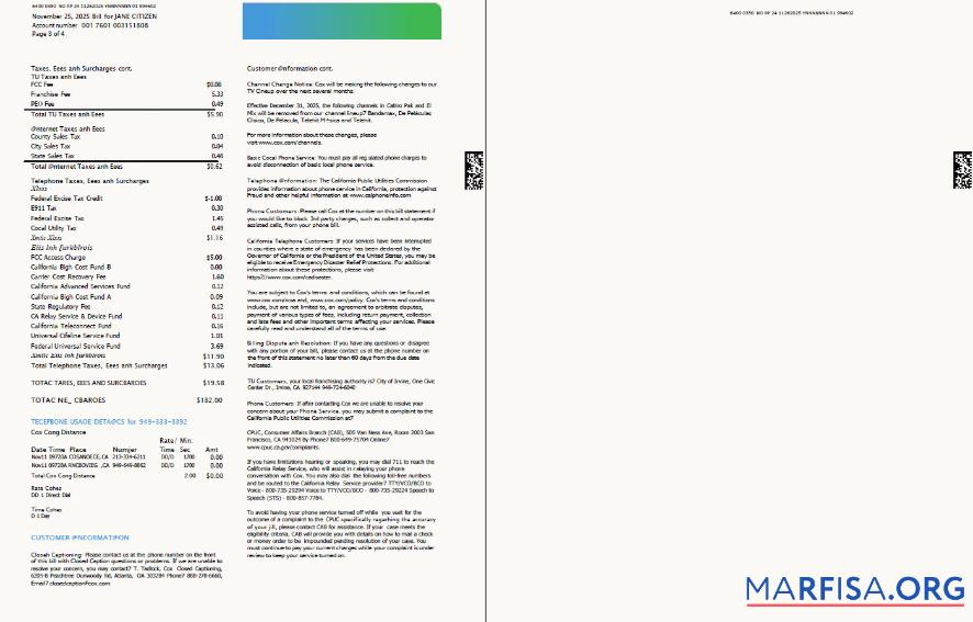 Реалистичный США Cox Счёт за коммунальные услуги Счёт Шаблон in Word and PDF Форматы, 4 pages, 3 4 pages