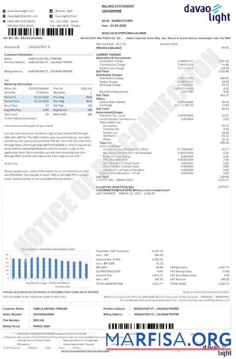 Редактируемый США DAVAO LIGHT Счёт за коммунальные услуги Счёт Word and PDF Шаблон