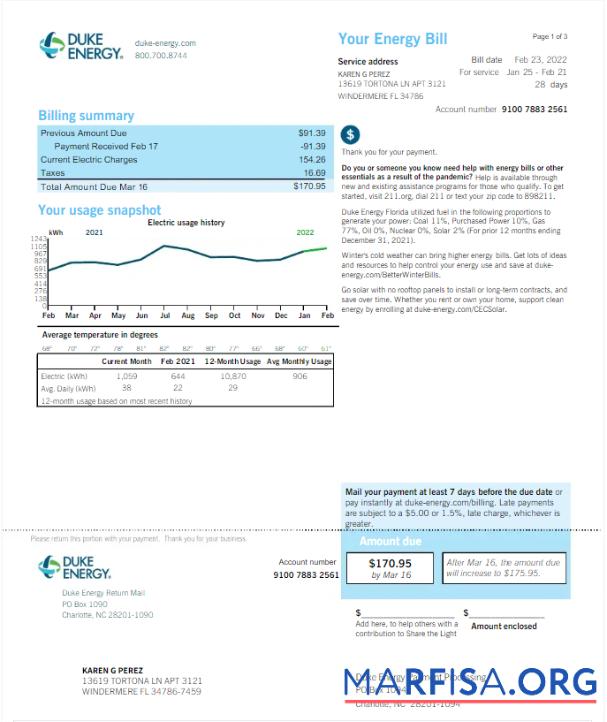 Высокое Качество США DUKE ENERGY Счёт за коммунальные услуги Счёт Word and PDF Шаблон, Версия 2