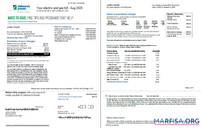Высокое Качество США Delmarva Power Счёт за коммунальные услуги Счёт Шаблон in Word and PDF Форматы, 5 pages, 1 2 pages