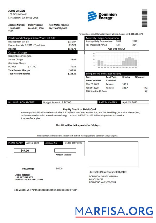 Реалистичный США Dominion Energy Счёт за коммунальные услуги Счёт Шаблон in Word and PDF Формат