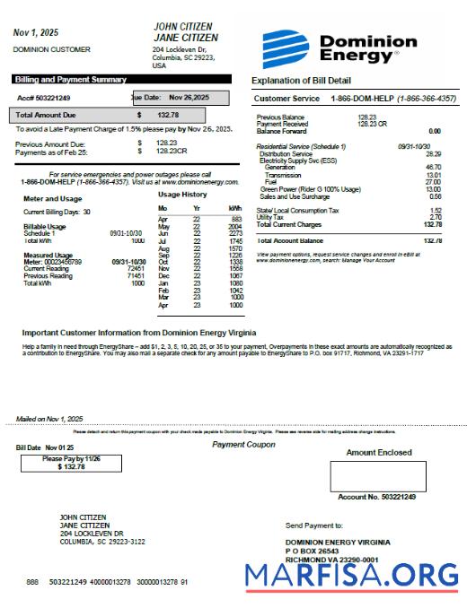 Реалистичный США Dominion Energy Счёт за коммунальные услуги Счёт Шаблон in Word and PDF Форматы, Версия 2