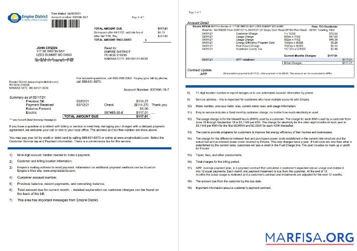Премиум США Empire District Electric Компания Счёт за коммунальные услуги Счёт Шаблон in Word and PDF Формат (2 pages)