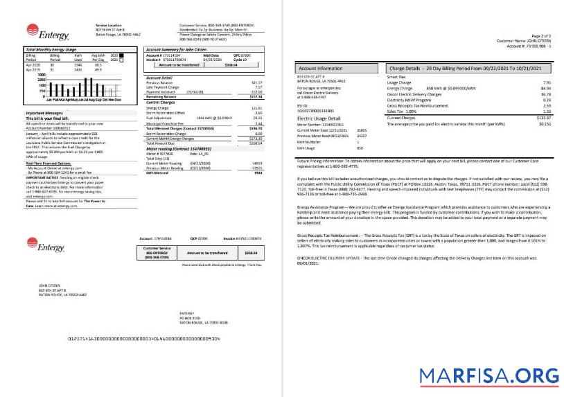 Премиум США Entergy Электричество Счёт за коммунальные услуги Счёт Шаблон in Word and PDF Формат (2 pages)