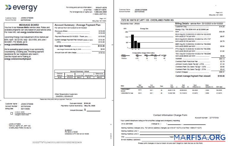 Премиум США Evergy Счёт за коммунальные услуги Счёт Шаблон in Word and PDF Форматы, 2 pages, Версия 2
